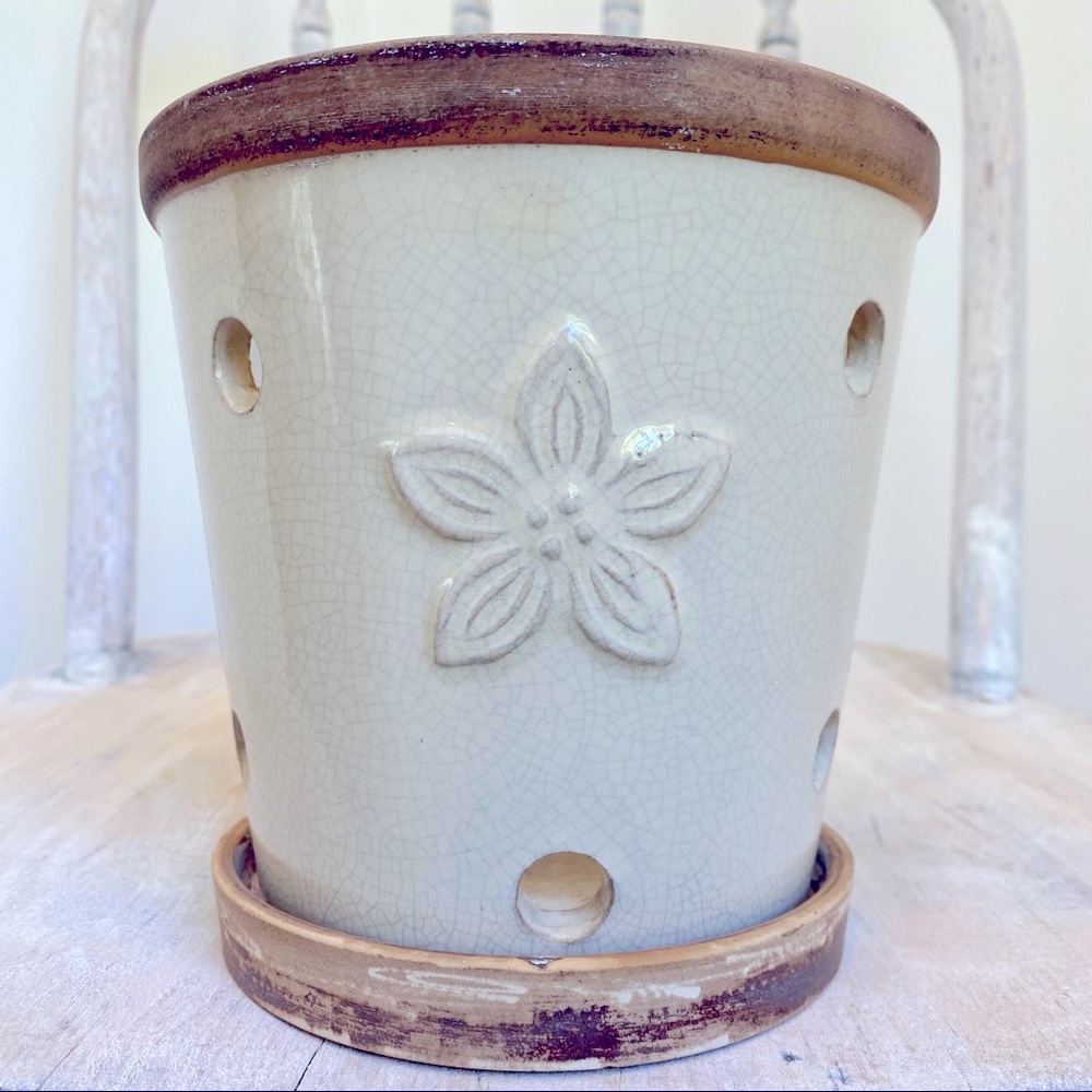 Cream & Tan Glazed Tall Ceramic Orchid Pot Excellent Condition